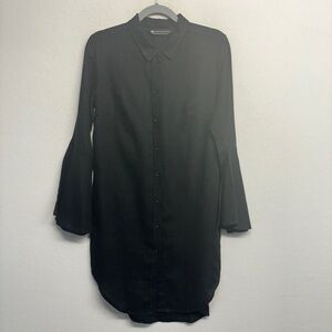 CROWN LINEN DESIGNS Black Linen Bell sleeves Button Down Shirt Tunic Dress S